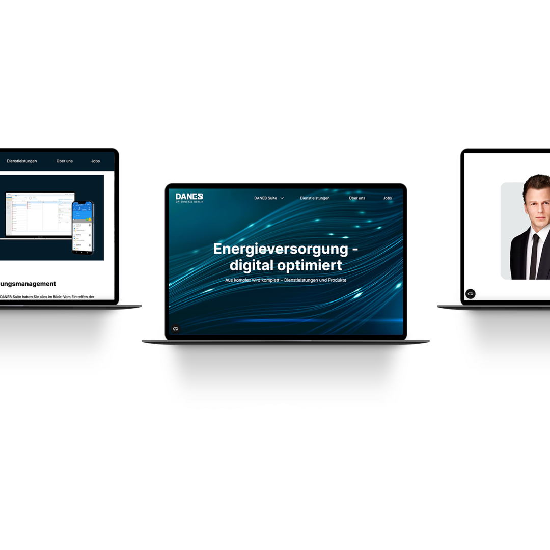 3 Laptops mit Ansichten der Website https://daneb-berlin.de/. Aufgerufen sind die Startseite, die Unterseite "DANEB Suite" und die Unterseite "Über uns".